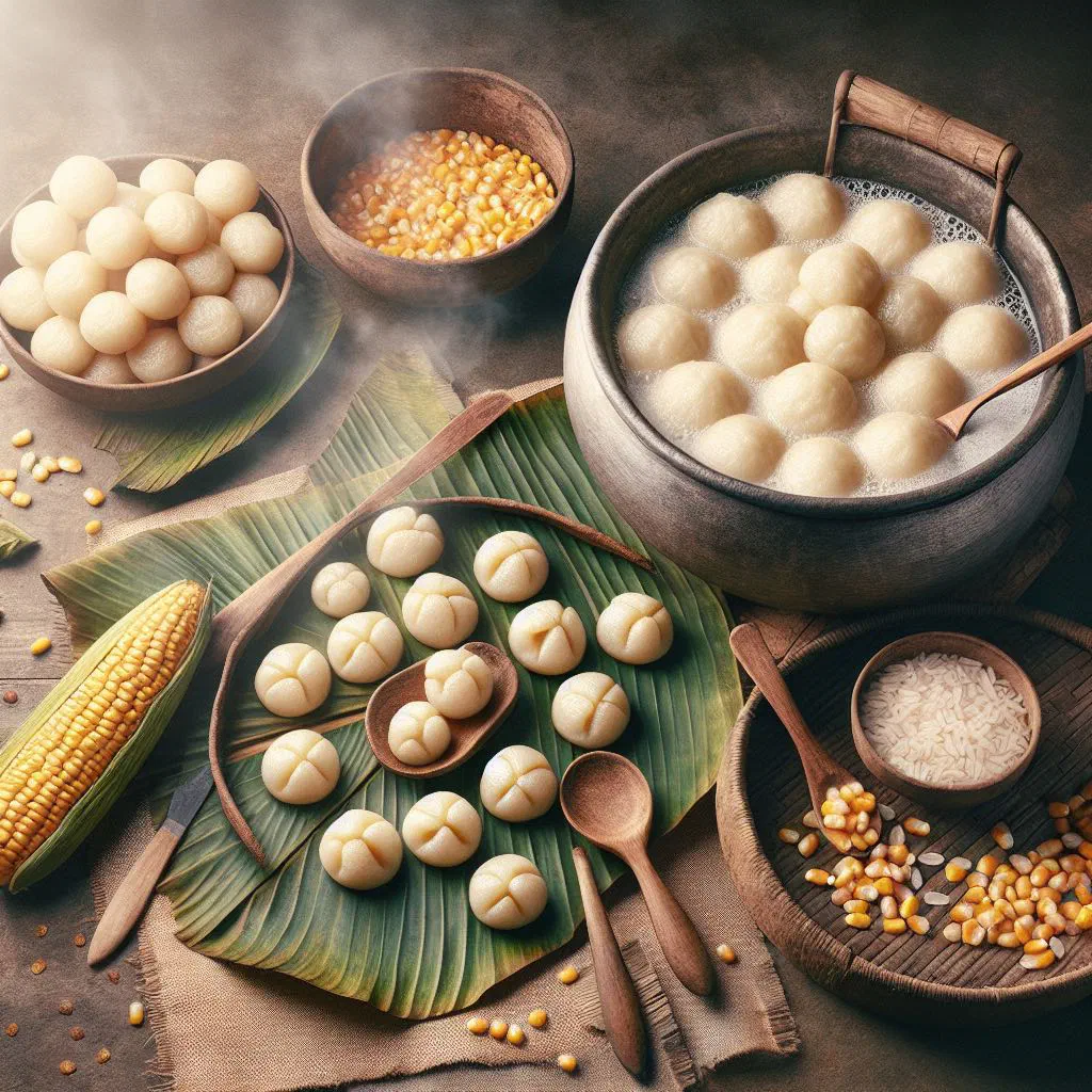 Soft steamed ablo cornmeal dumplings served on a plate with dipping sauce