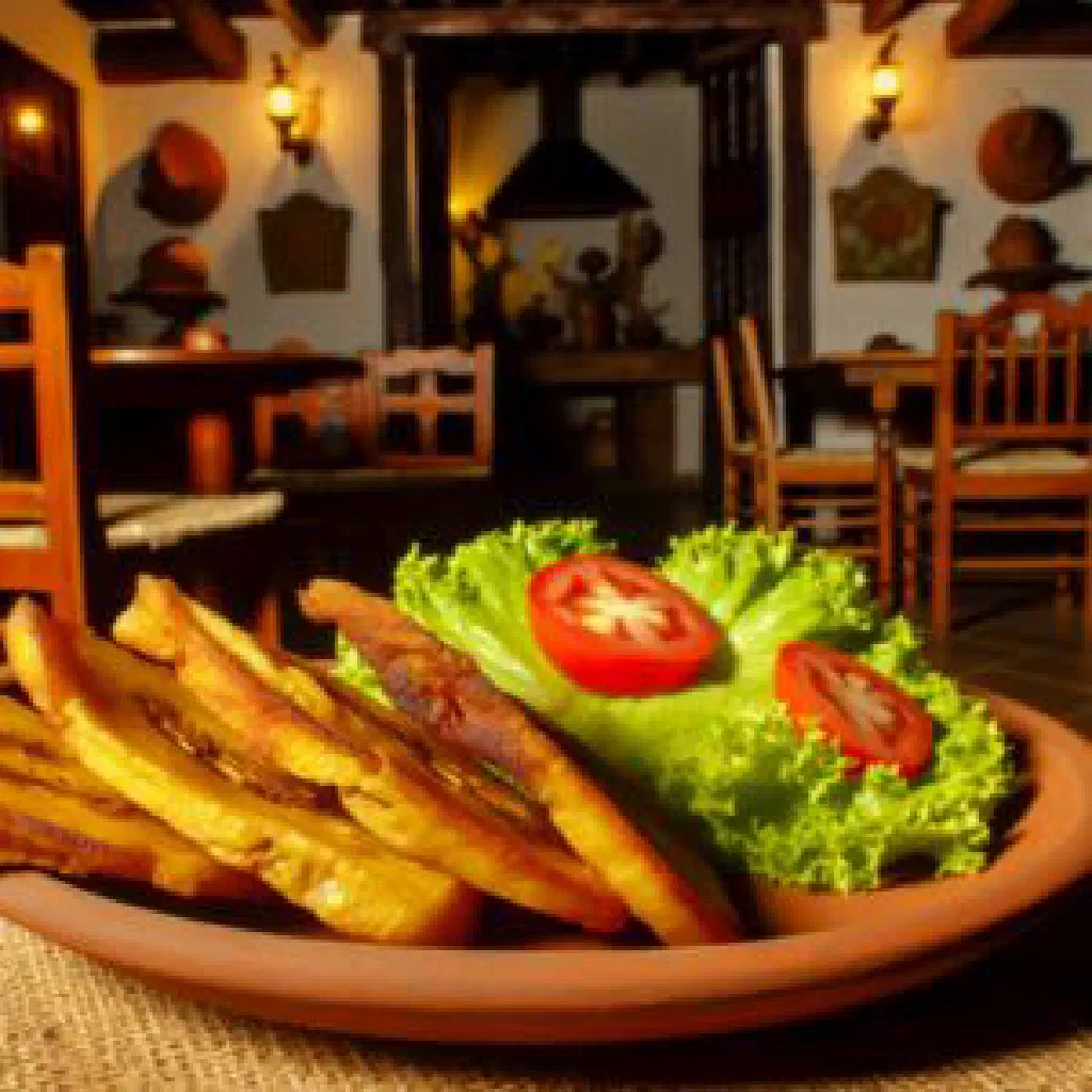 Golden fried plantain pieces served with a spicy tomato and chilli sauce