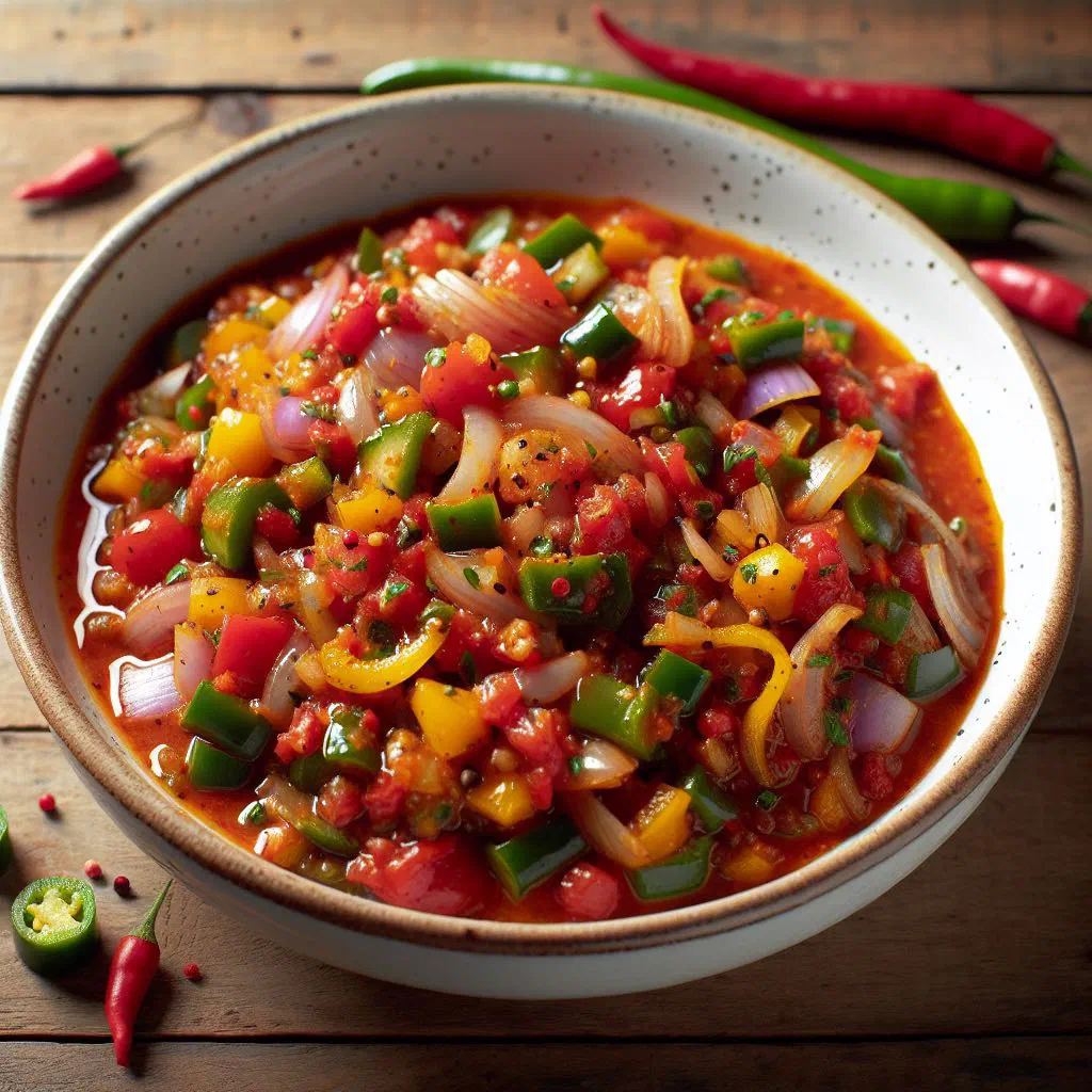 Bowl of chakalaka with beans, peppers and carrots garnished with fresh herbs