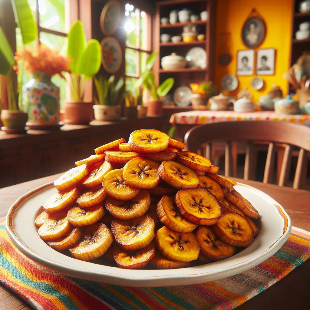 Golden fried plantain slices on a plate with a dipping sauce
