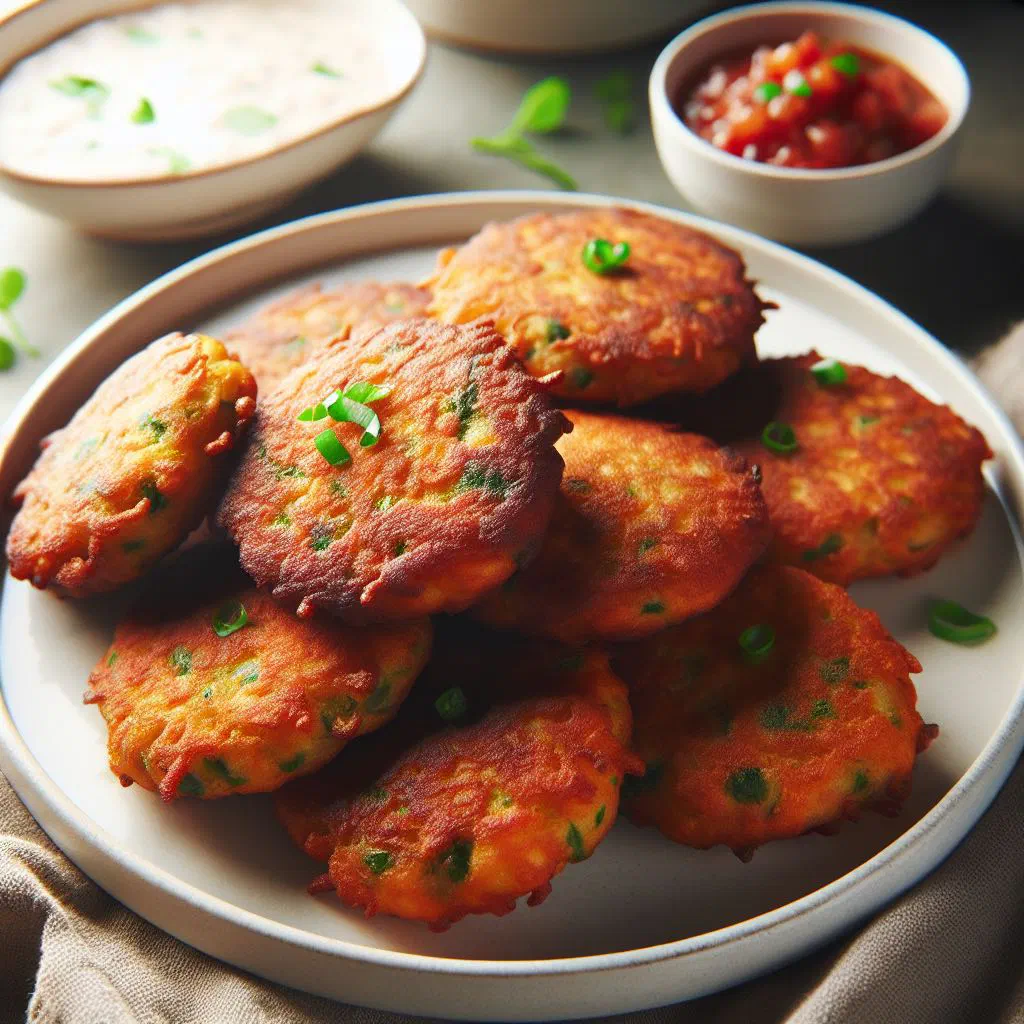 Golden bean fritters piled on a plate with a spicy tomato dip
