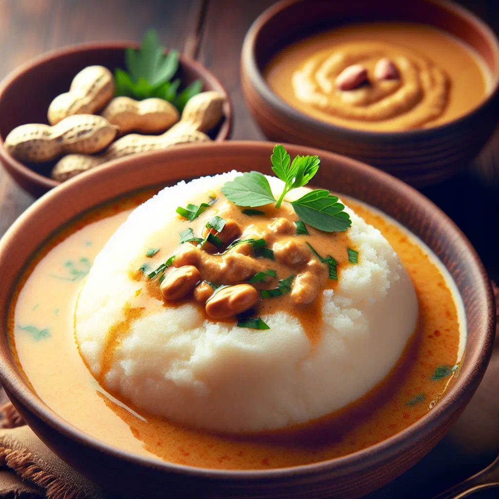 Soft fufu balls served with a bowl of creamy peanut soup