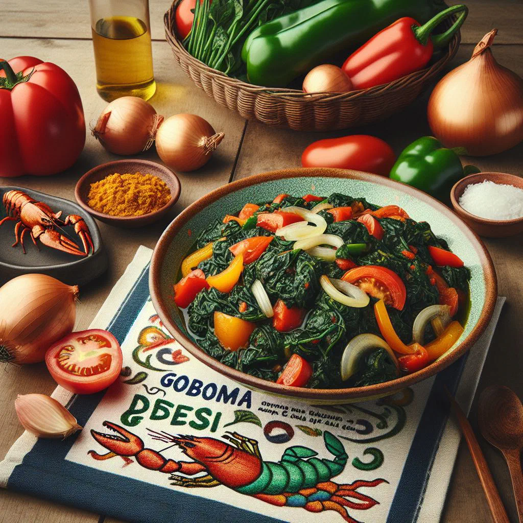 Bowl of Gboma Dessi stew with fish, vegetables and fresh herbs