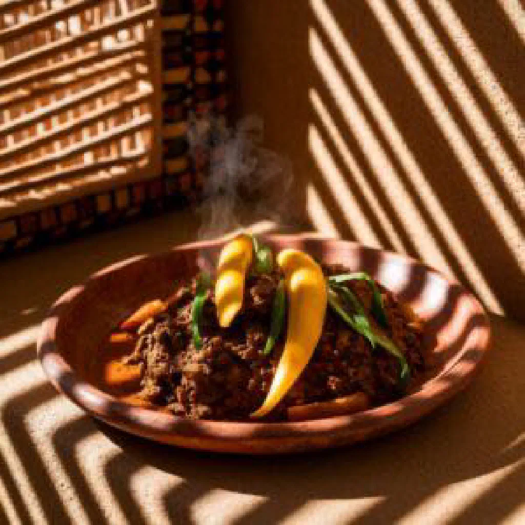 Kpanman stew with tender meat, leafy greens and chilli in a bowl