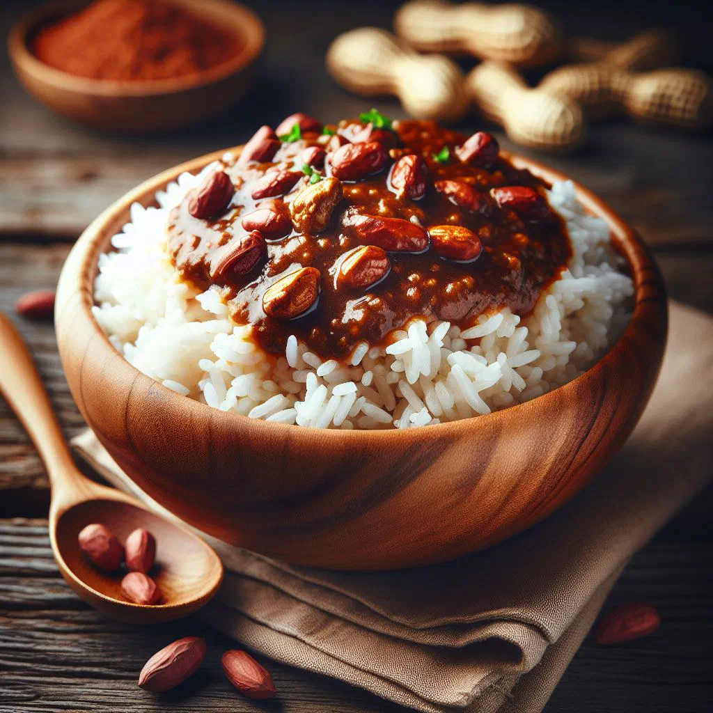 Rice in a creamy peanut sauce, garnished with fresh herbs and roasted peanuts