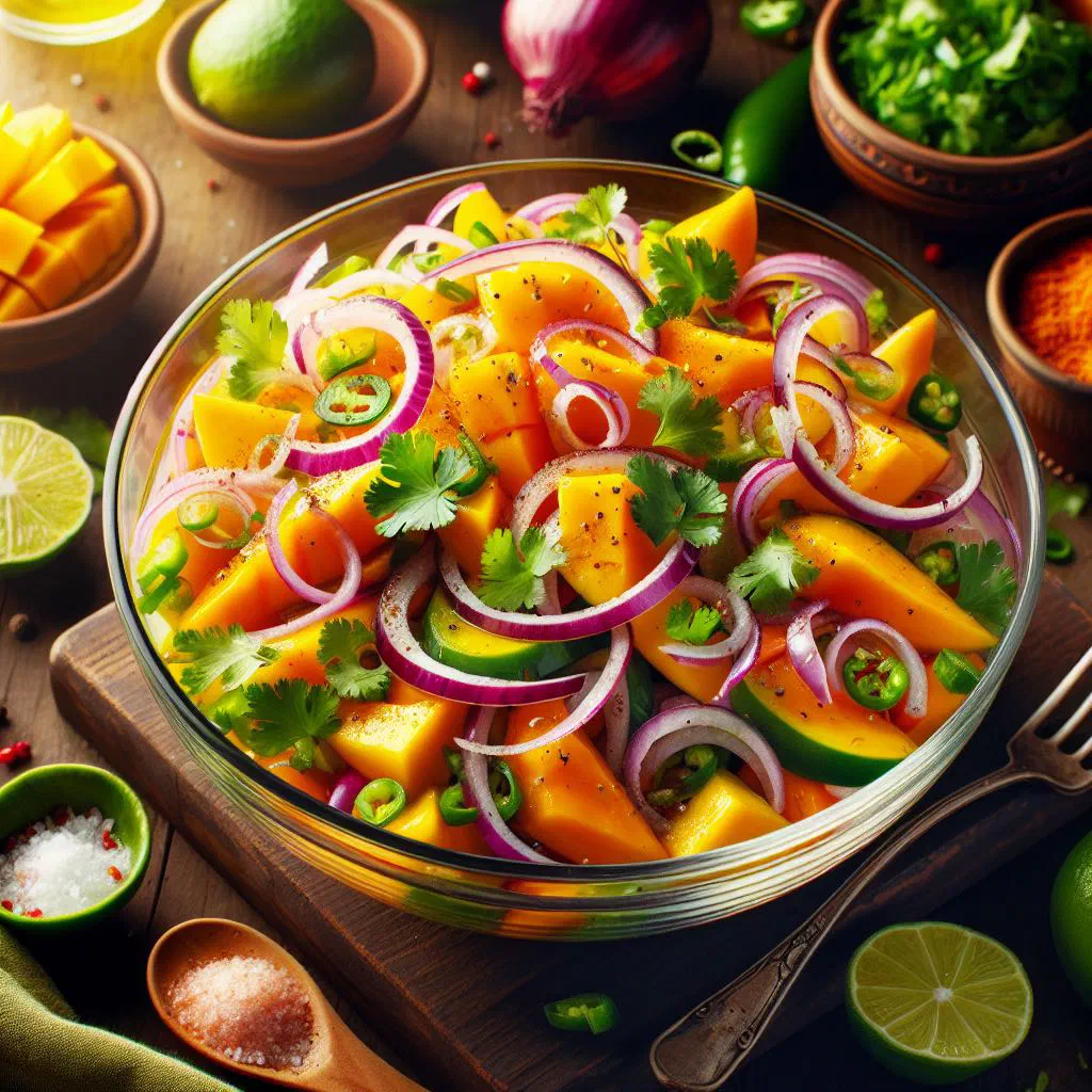 Bowl of Beninese mango salad with red pepper, red onion and fresh coriander