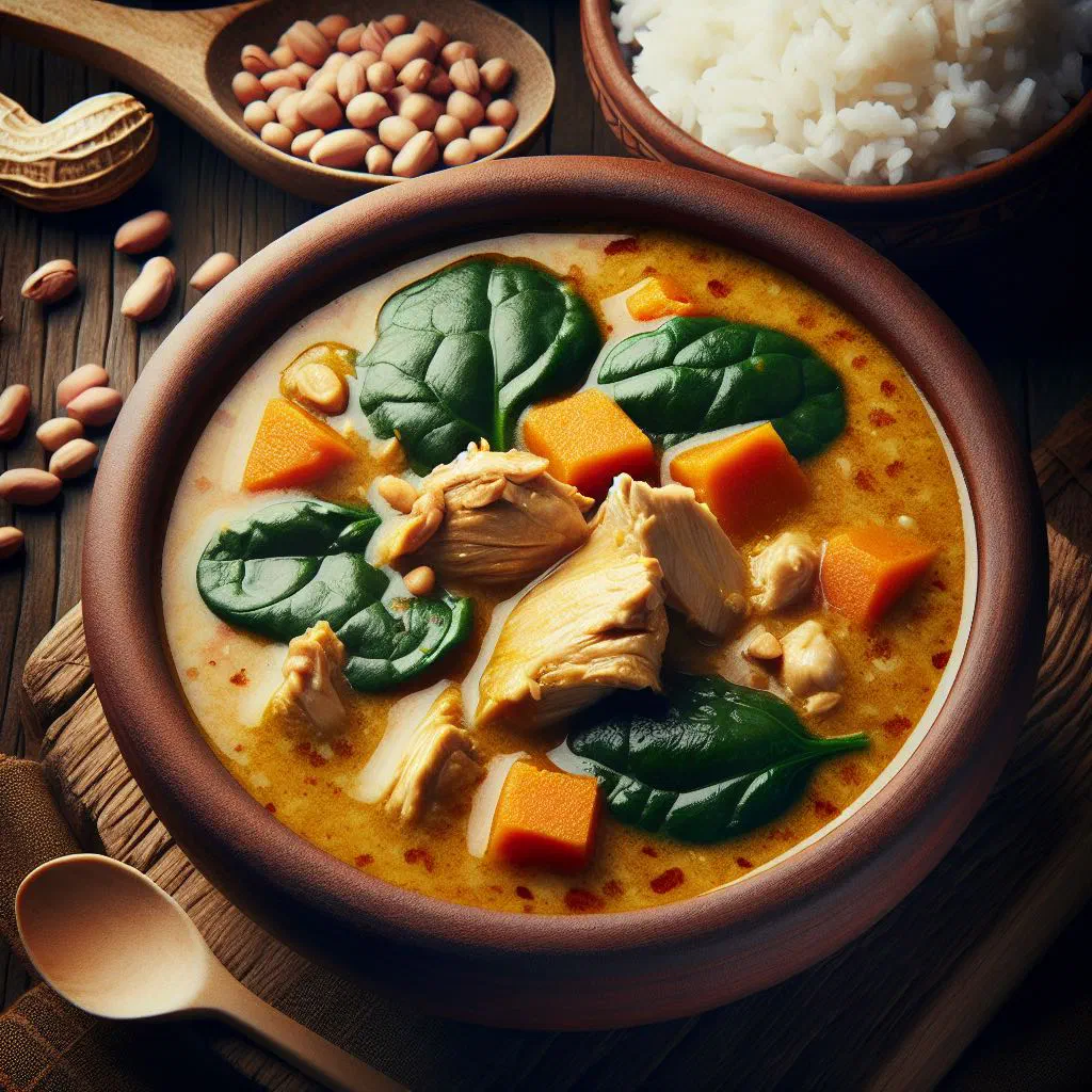 Creamy Beninese peanut soup in a deep bowl with fresh coriander