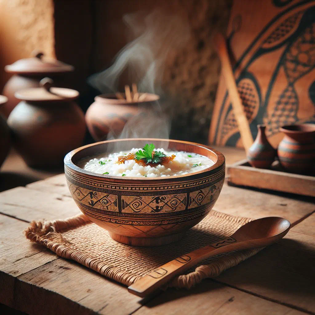 Creamy Bhutanese rice porridge in a bowl topped with nuts and dried fruit