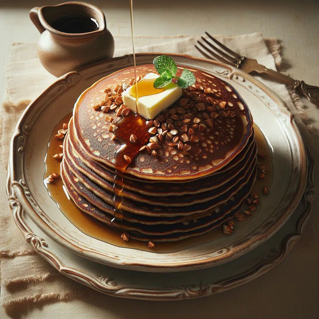 Golden buckwheat pancakes on a plate, garnished with fresh herbs
