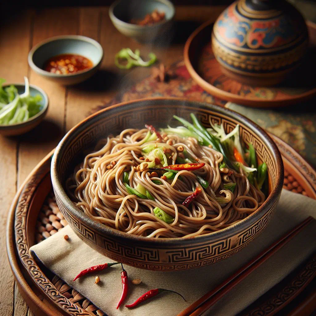Bowl of Bumthang buckwheat noodles with stir-fried vegetables and fresh herbs