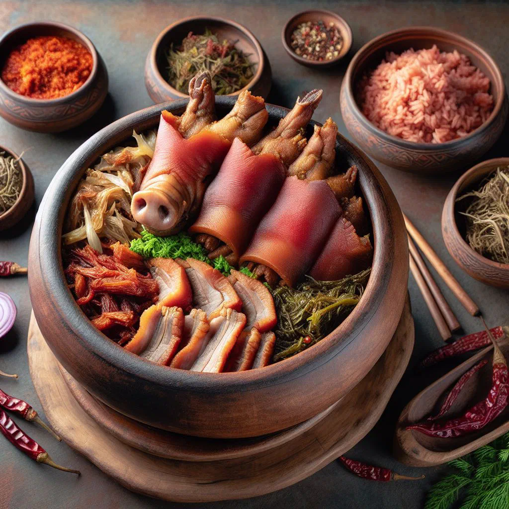 Bhutanese goep with marinated beef, rice and fresh vegetables