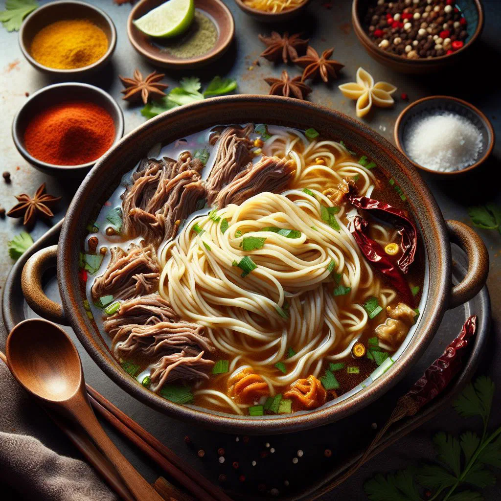 Bowl of Bhutanese gyathuk soup with vegetables and fresh herbs