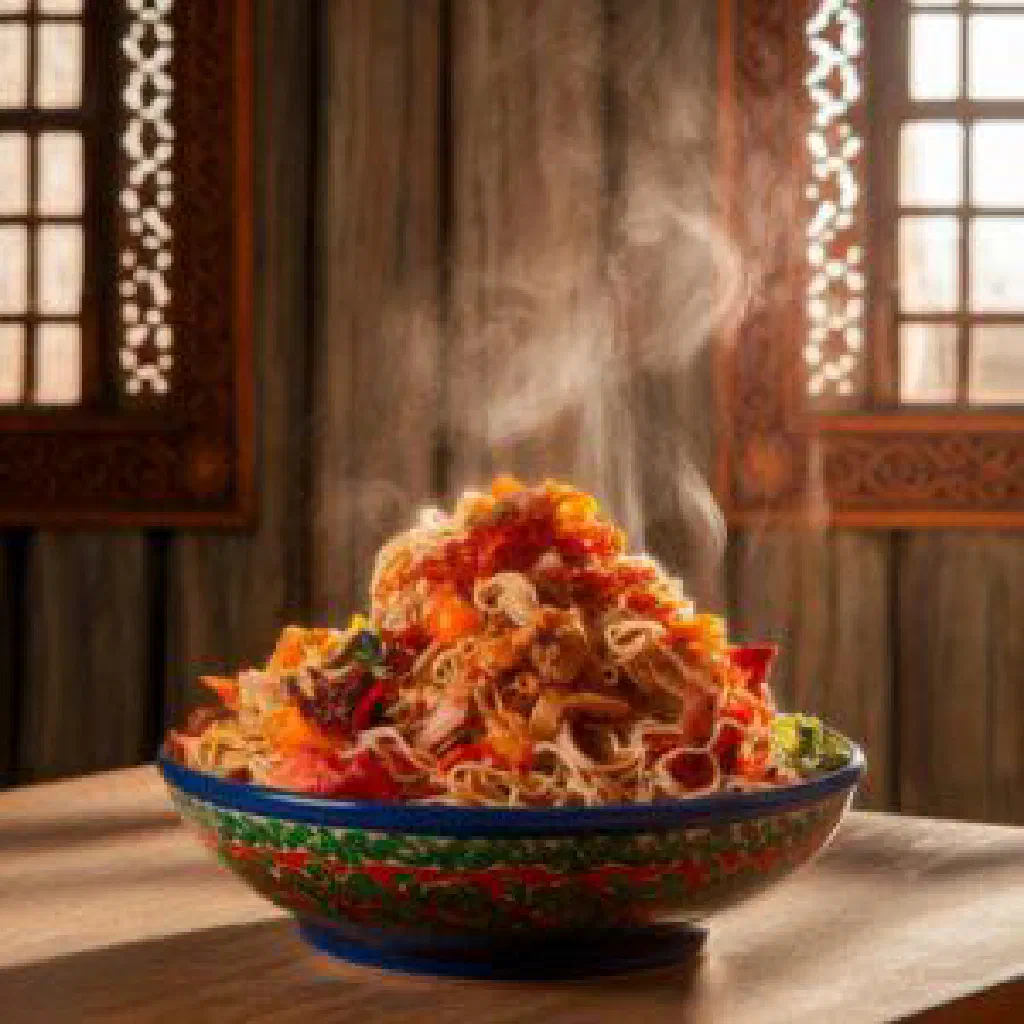 Bhutanese hogey with spiced meat, rice and fresh vegetables