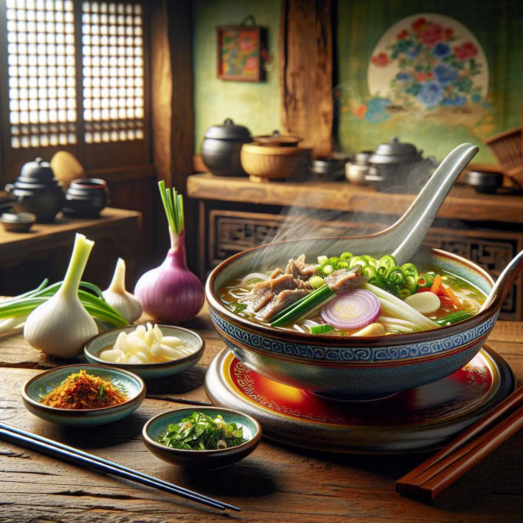 Creamy Bhutanese jaju soup with green vegetables and fresh herbs in a bowl