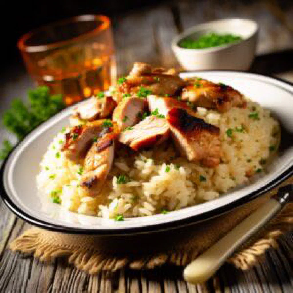 Bhutanese jasha gonpa with tender chicken, red rice and fresh coriander