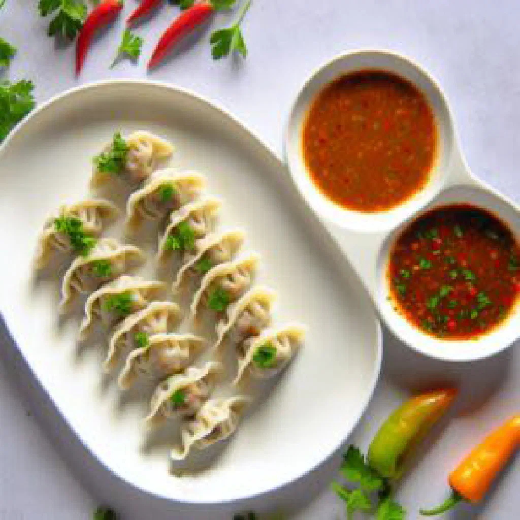 Steamed Bhutanese momo dumplings served with chilli dipping sauce