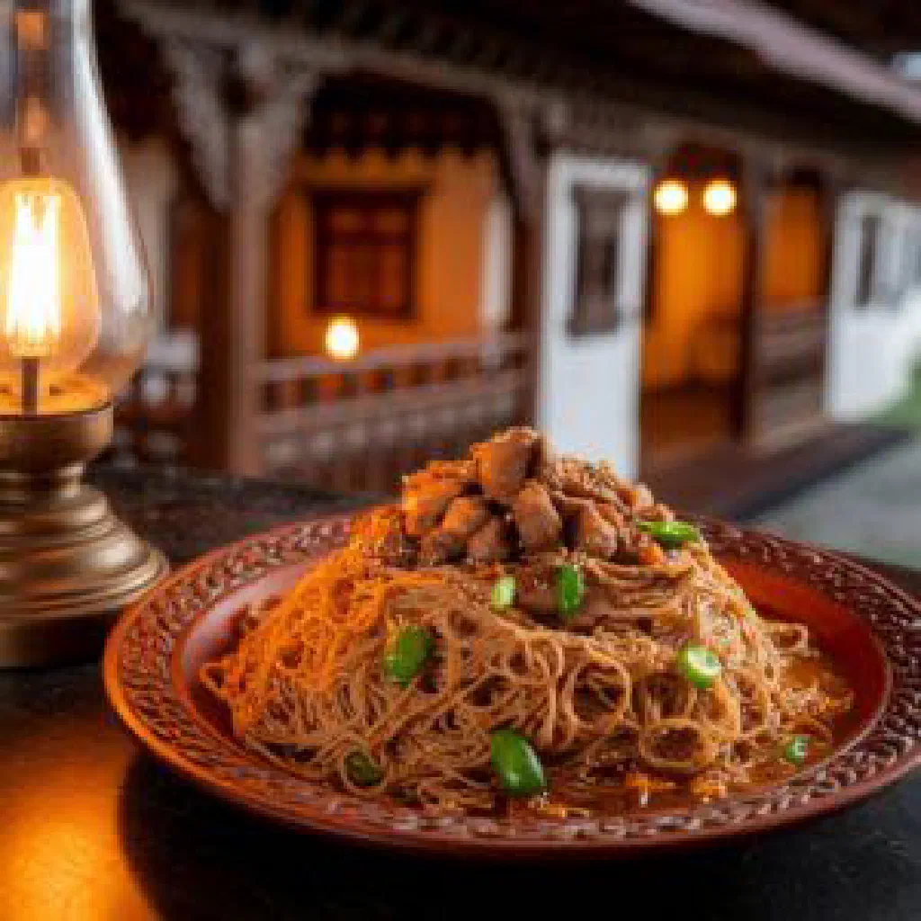 Bhutanese norsha paa beef stir-fry with chillies and steamed rice