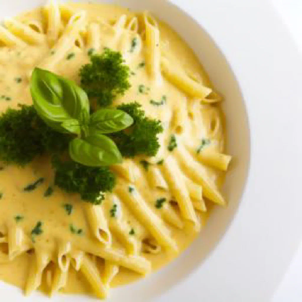 Bowl of Puta Datshi noodles coated in creamy Bhutanese cheese sauce with fresh herbs