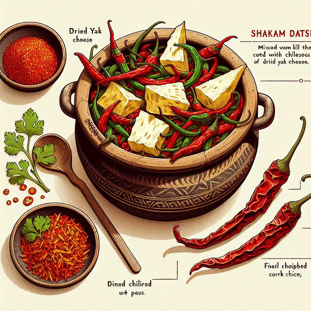 Shakam Datshi with tender beef, melted cheese and green chillies in a bowl