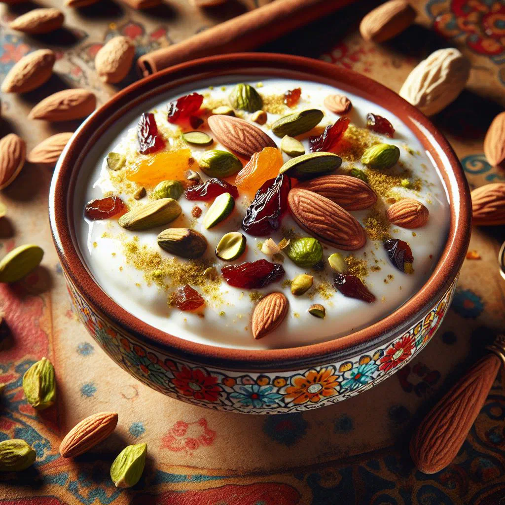 Creamy sikarni yoghurt dessert with fresh fruit and a dusting of spice