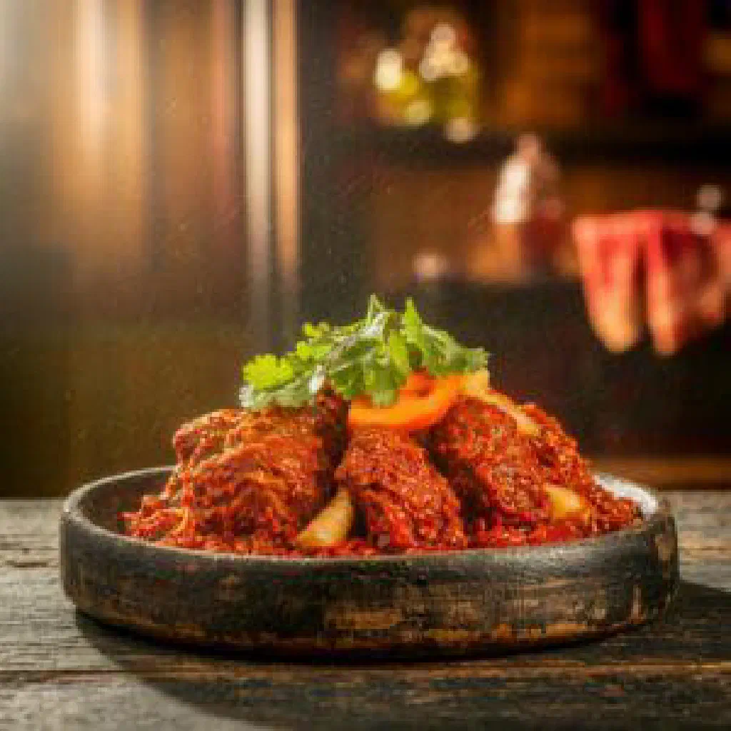 Bhutanese sikkam paa with tender pork and mustard greens in a bowl
