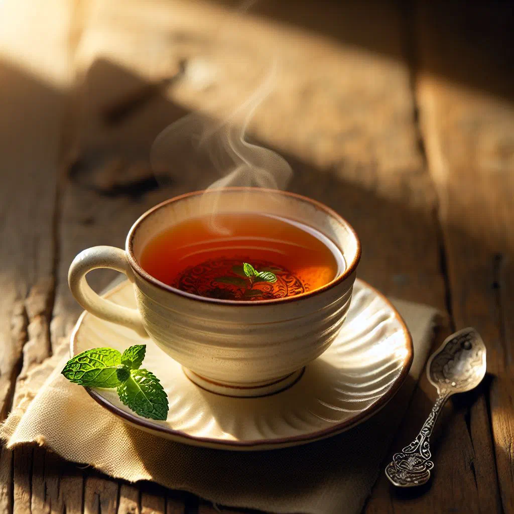 A cup of golden Bhutanese Tsheringma herbal tea with lemon and fresh herbs