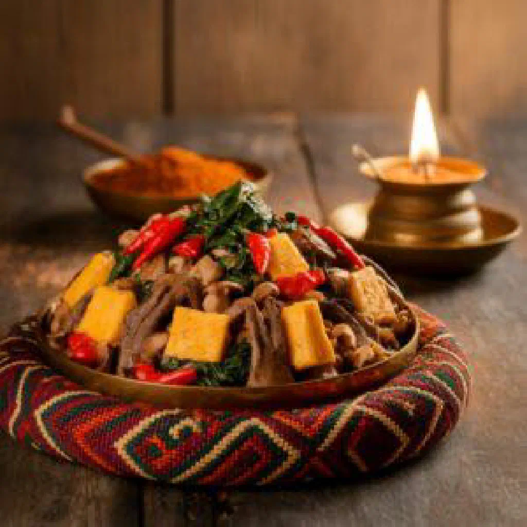 Yaksha Shakam, a spiced Bhutanese yak meat dish garnished with fresh coriander