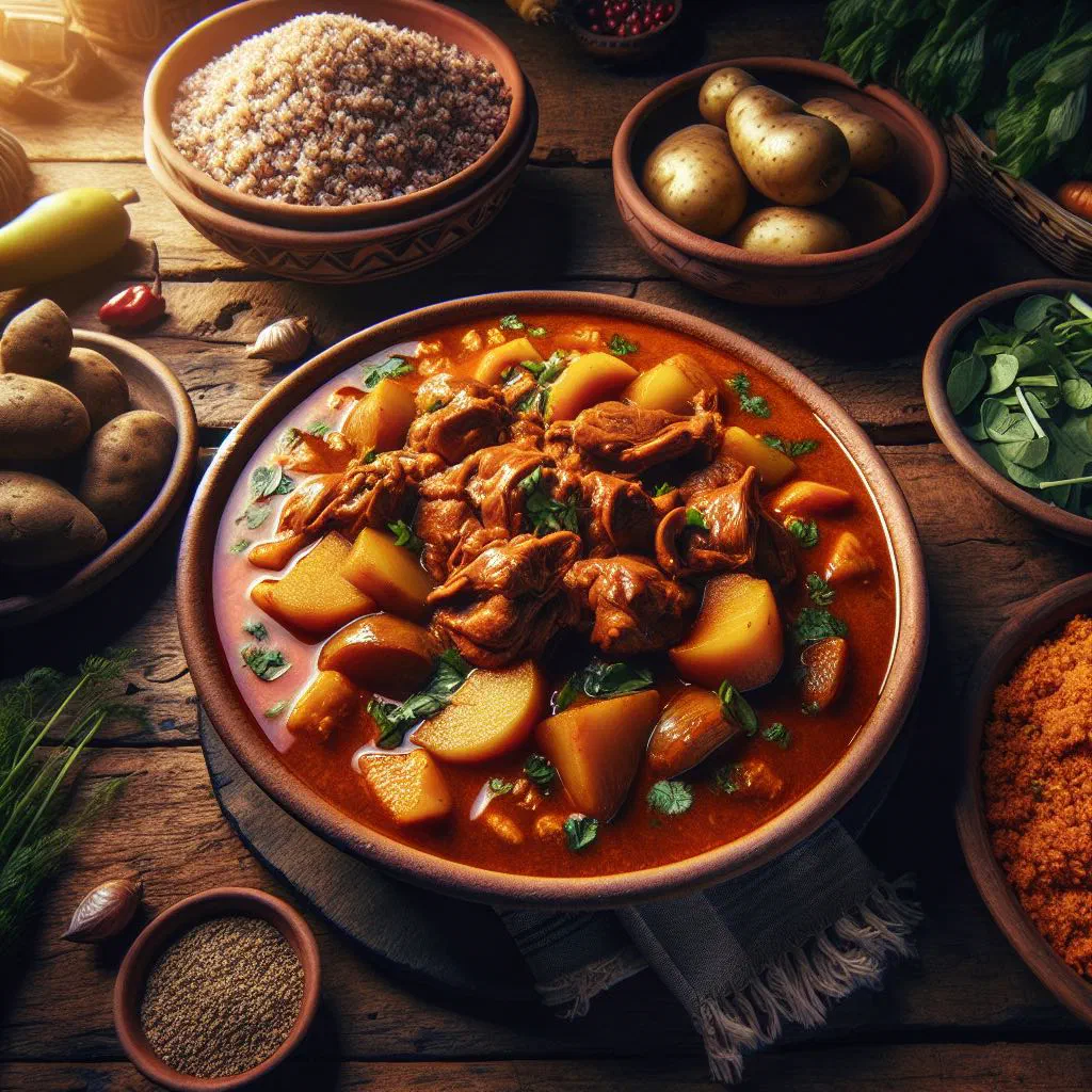 Ají de conejo with tender rabbit in spicy chilli sauce, boiled eggs and rice