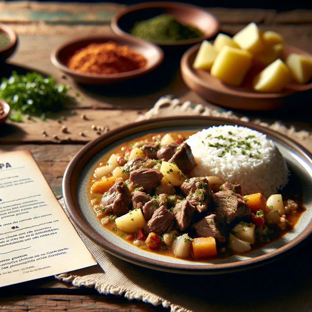 Bowl of Bolivian ají de cordero, tender lamb in a spiced chilli sauce