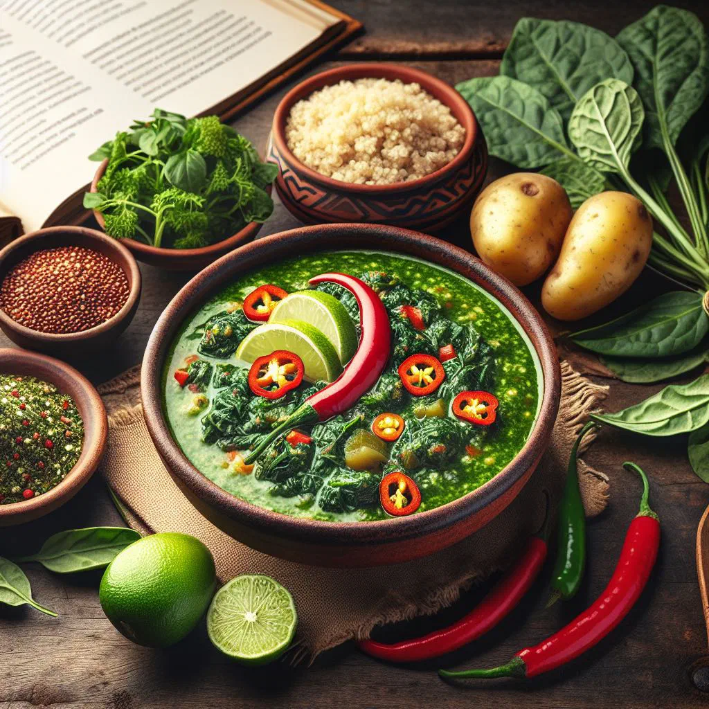 Creamy Bolivian spinach stew garnished with fresh herbs
