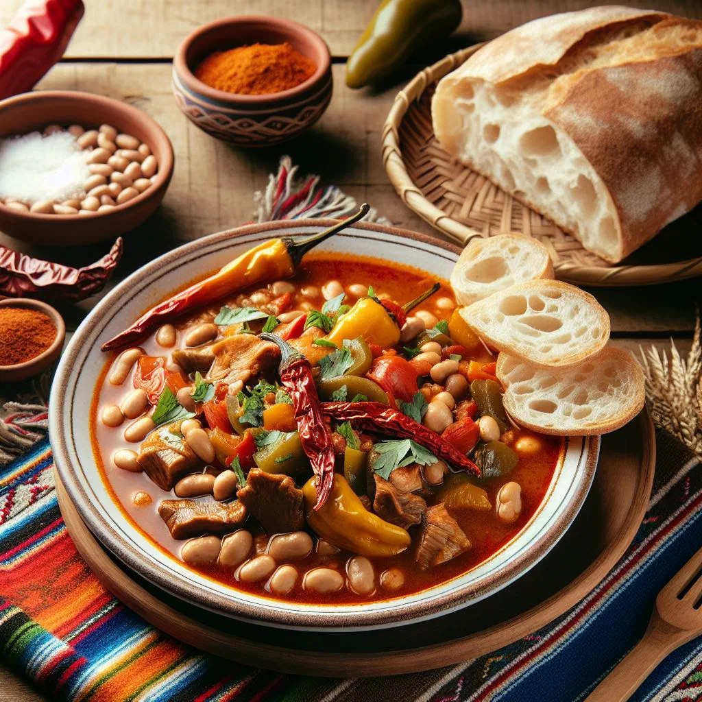 Bowl of Bolivian ají de frijoles with beans, peppers and fresh coriander