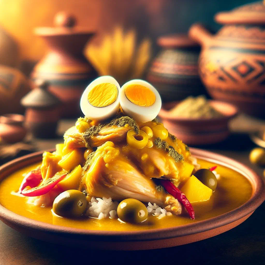 Ají de gallina with shredded chicken in creamy yellow sauce, served with rice and potatoes