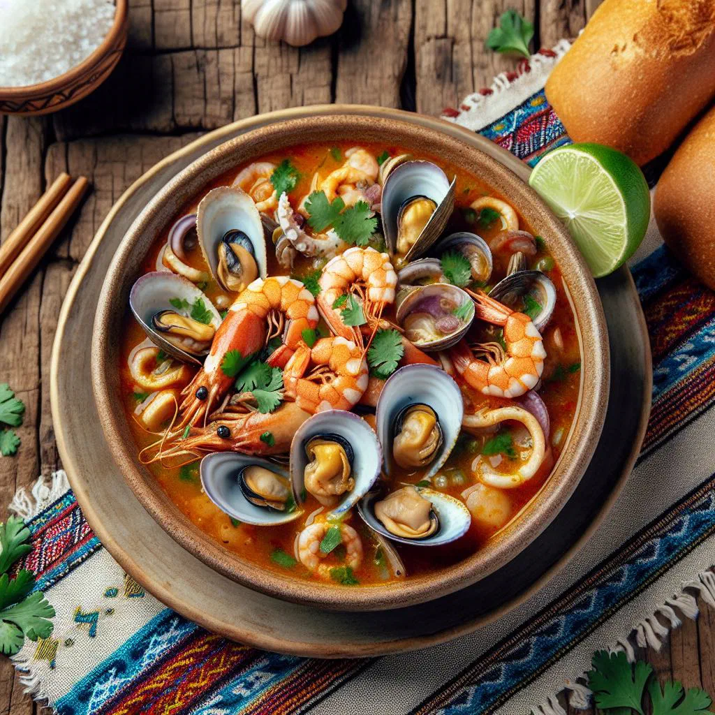 Bolivian ají de mariscos with prawns and mussels in a spicy tomato sauce, served with rice
