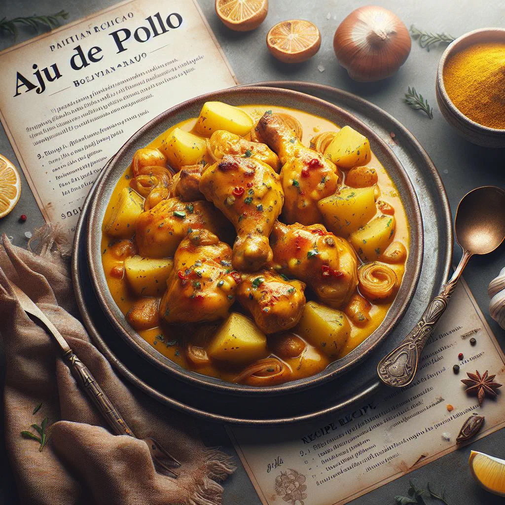 Tender chicken in a spicy Bolivian ají sauce served with rice