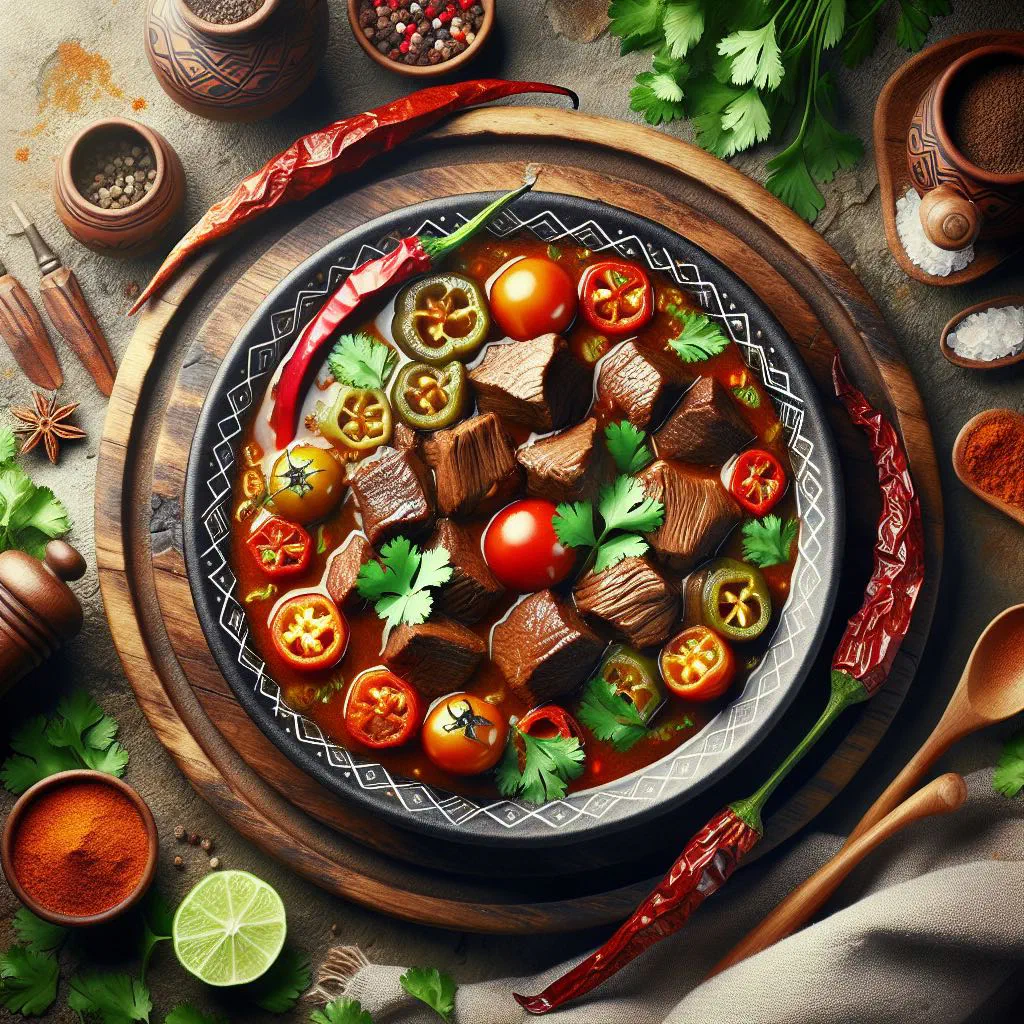 Bolivian ají de res beef stew served with rice and fresh vegetables