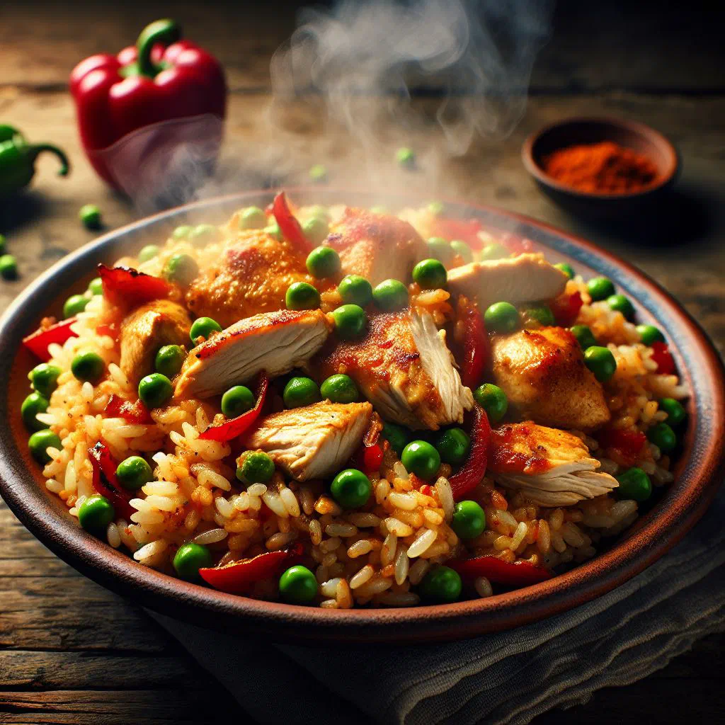 Bolivian arroz con pollo with chicken, rice and peppers in a bowl