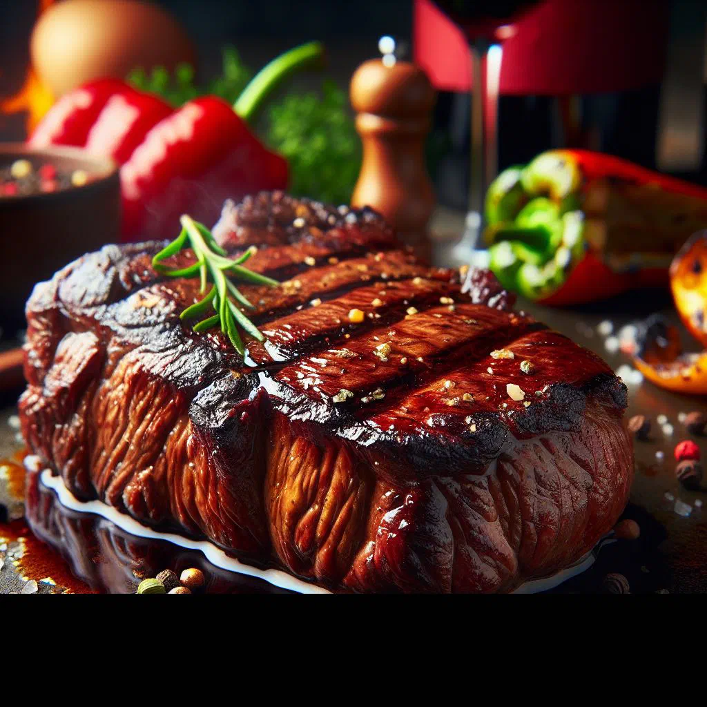 Griddled Bolivian beef garnished with fresh parsley and colourful sides