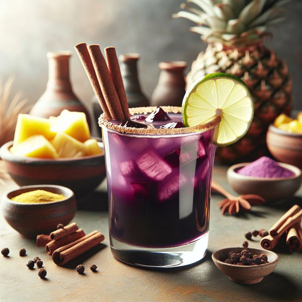 A jug and glass of deep purple chicha morada garnished with fresh fruit