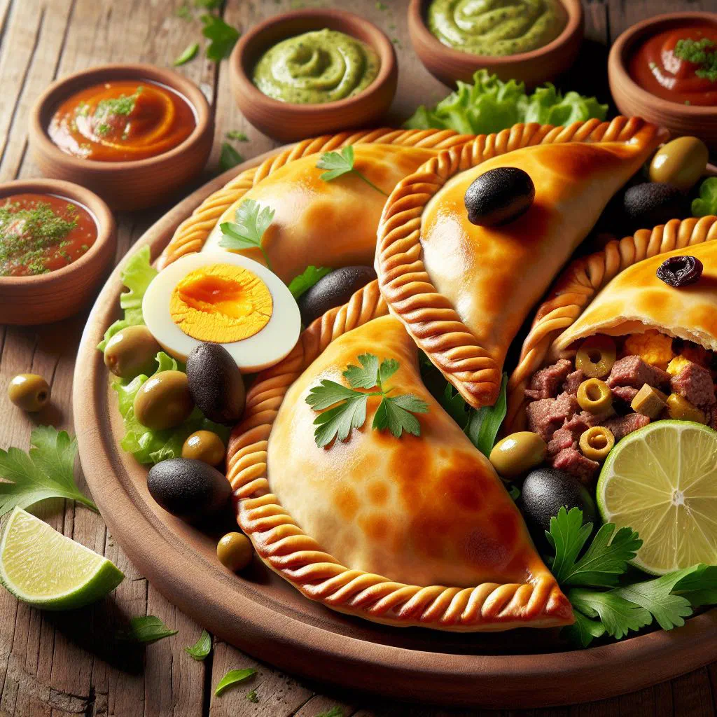 Golden baked Empanadas Salteñas filled with spiced meat, potatoes and peas