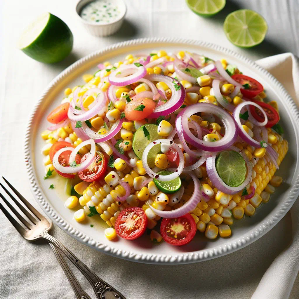 Colourful Bolivian corn salad with avocado, tomatoes and onion