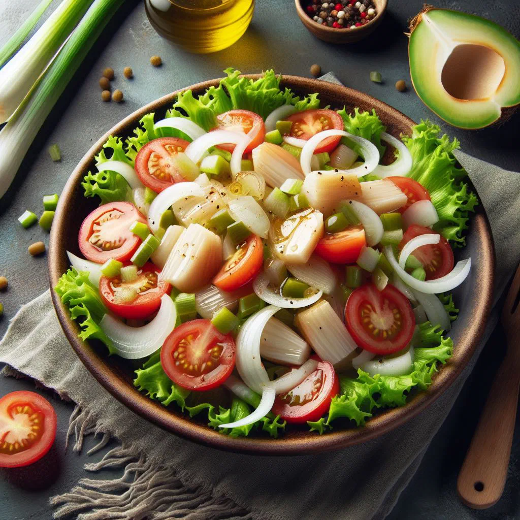 Fresh hearts of palm salad with cherry tomatoes, cucumber and coriander