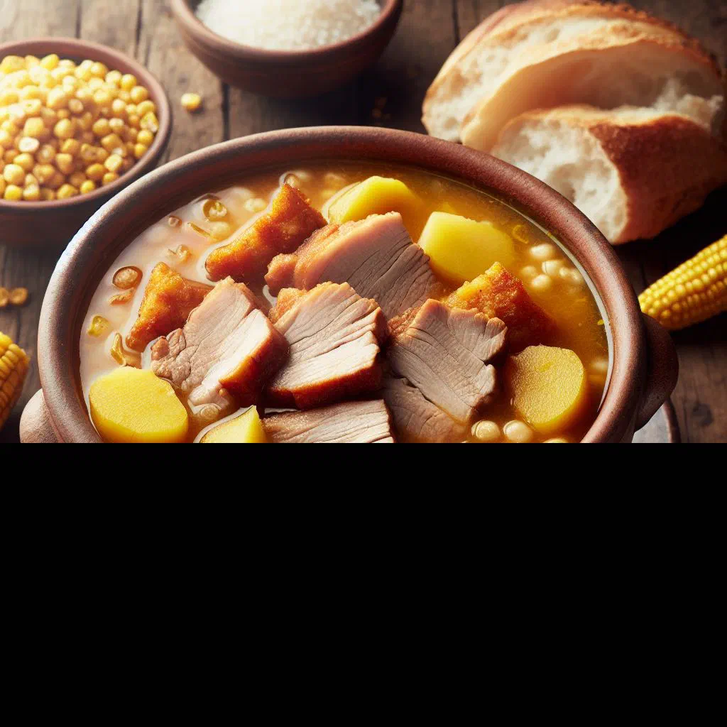 Bolivian fricasé paceño pork stew served with hominy corn and fresh bread