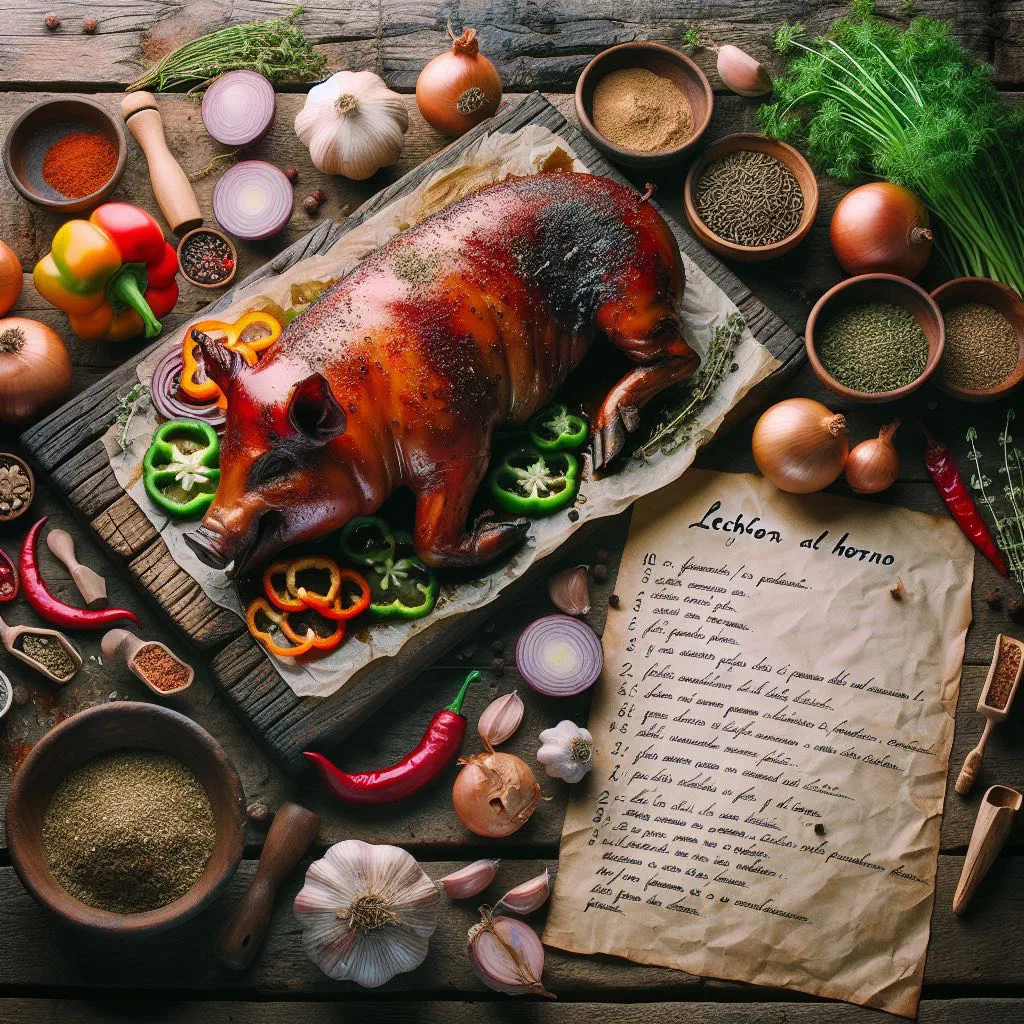 Golden roast pork with crisp crackling, garnished with fresh herbs and lemon