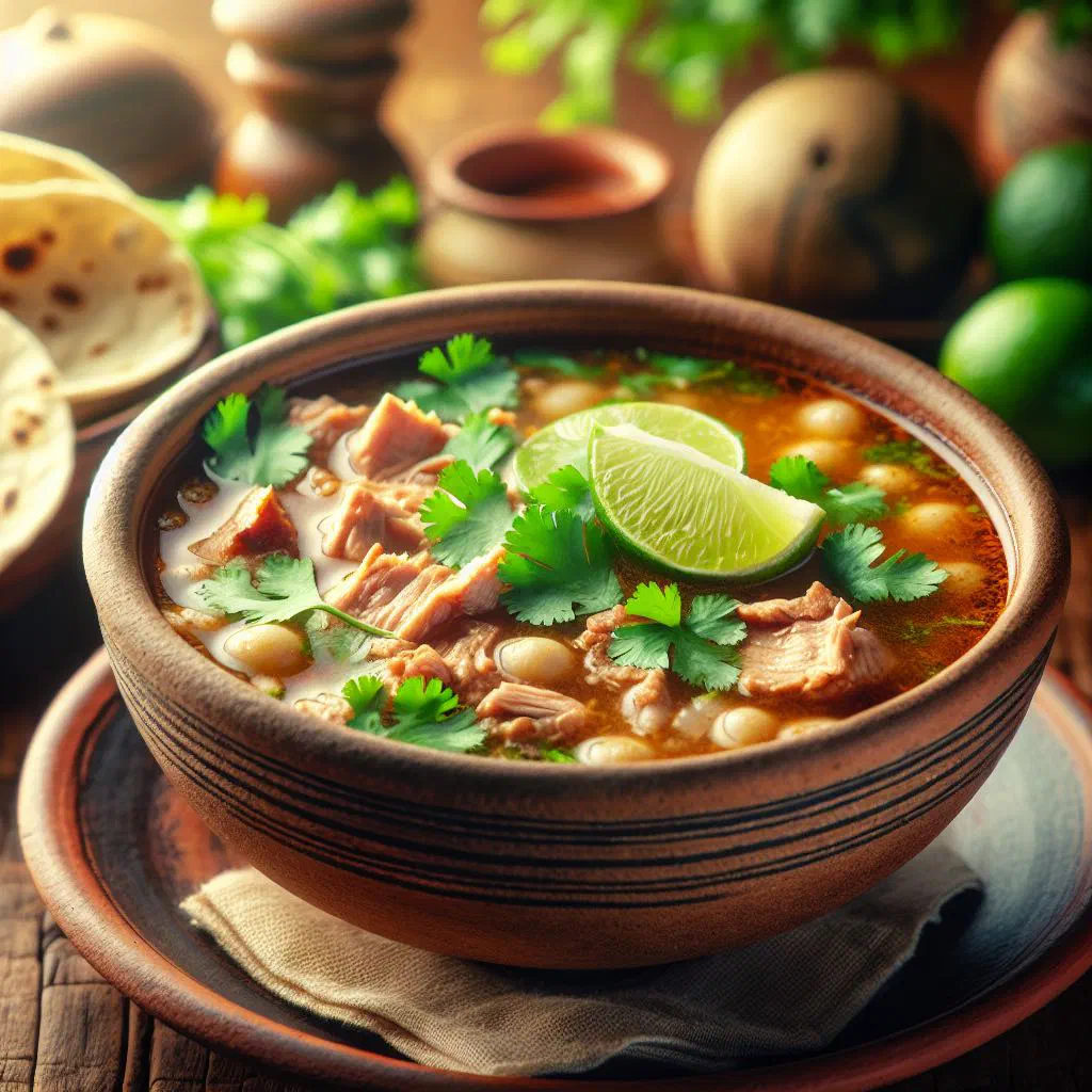 A steaming bowl of Bolivian patasca stew with pork, potatoes and fresh herbs