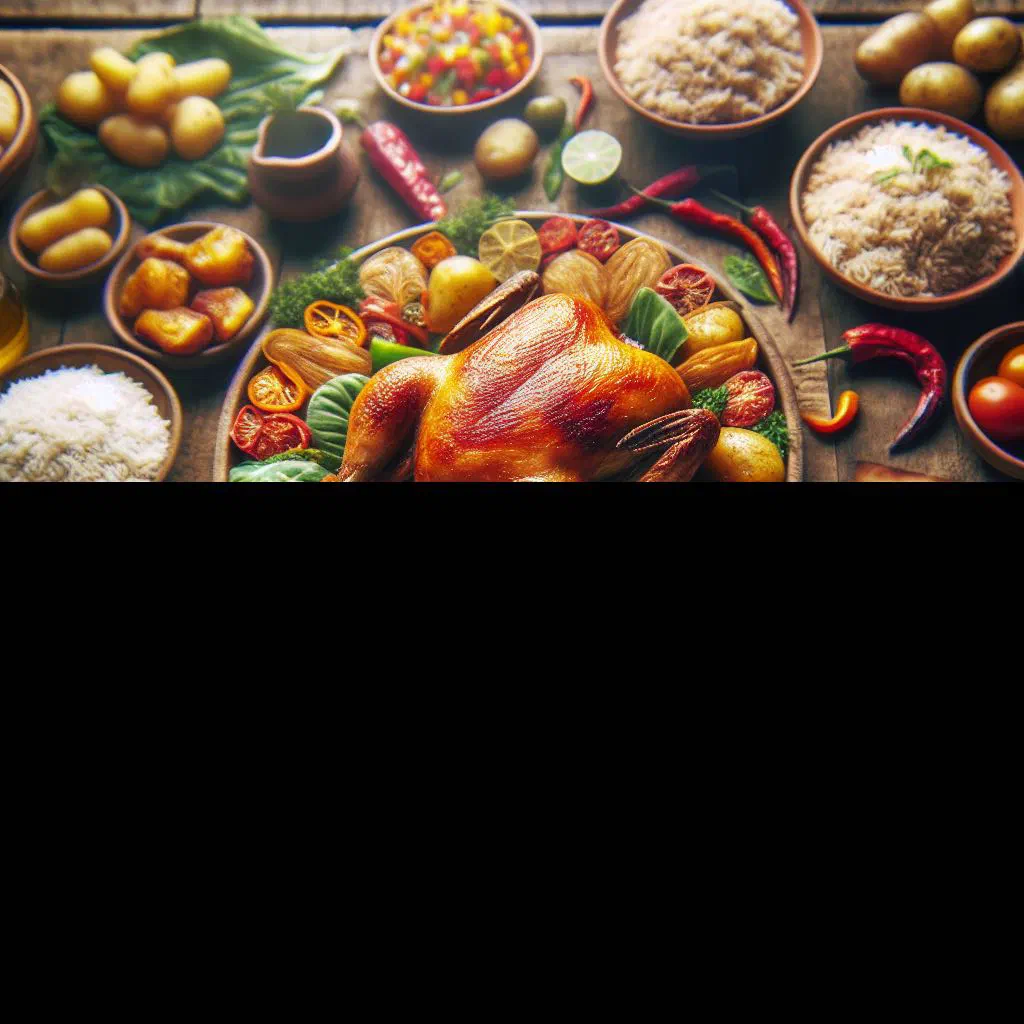 Whole roast chicken with crispy golden skin, garnished with fresh herbs and lime