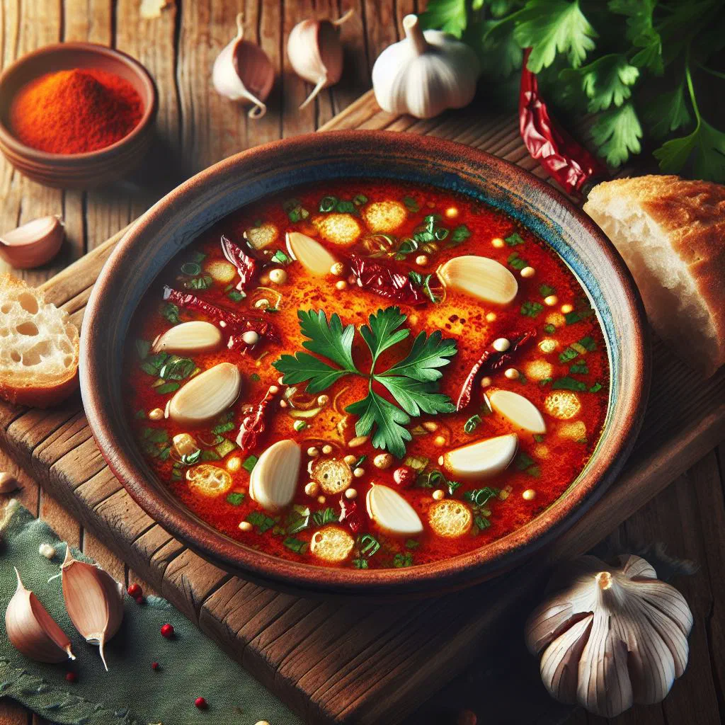 Bowl of Bolivian garlic soup topped with egg and served with crusty bread