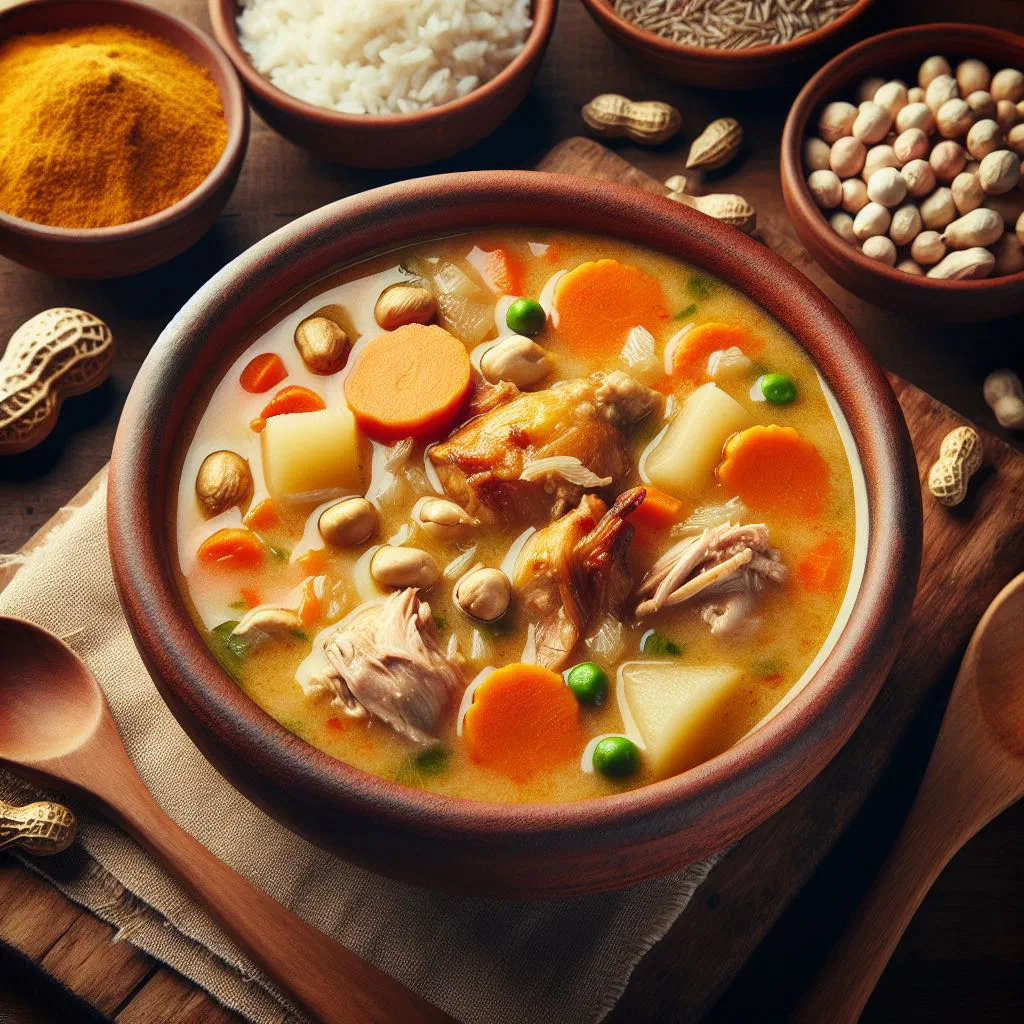 Bowl of Bolivian sopa de maní topped with fresh coriander