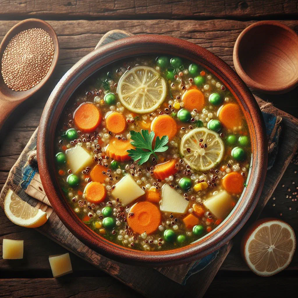 Bowl of Bolivian sopa de quinua with quinoa, potatoes and vegetables