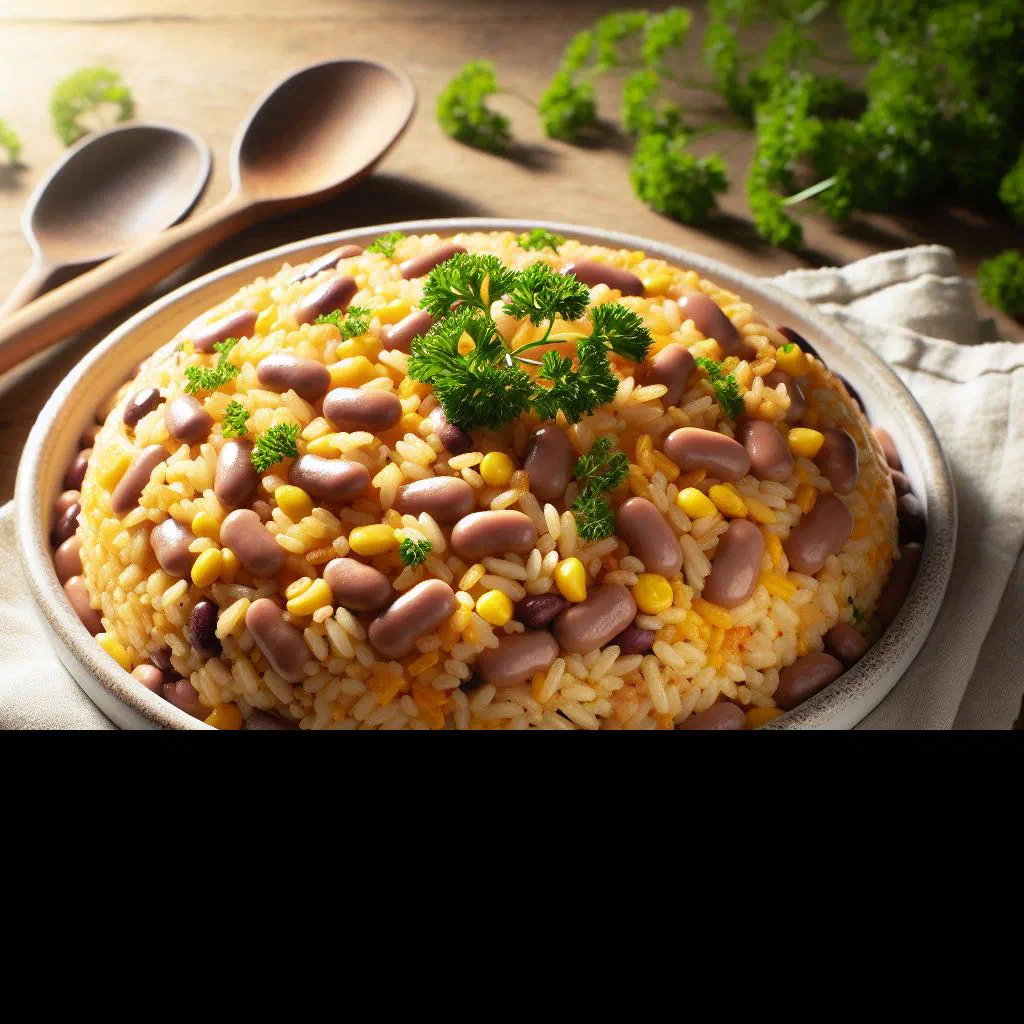 Golden pan-fried tacu tacu of rice and beans garnished with fresh herbs