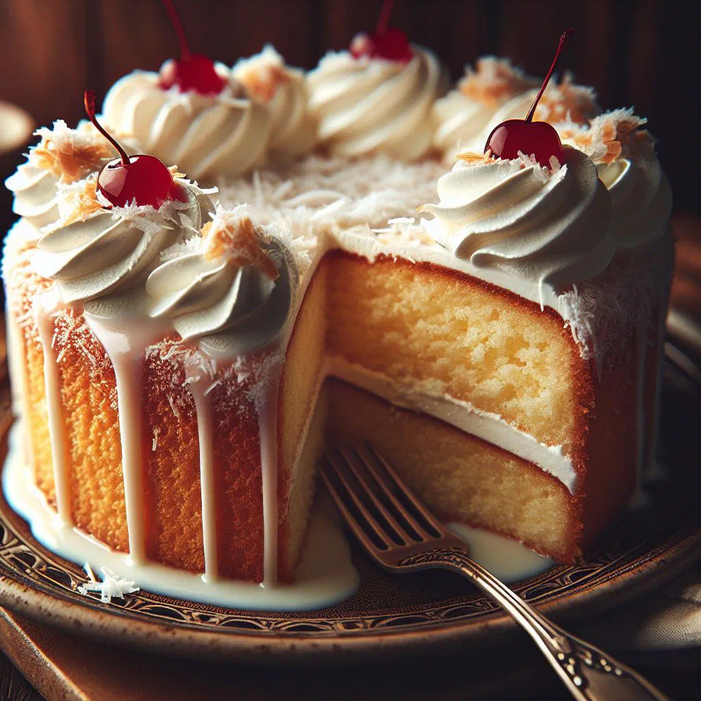 Slice of torta de tres leches topped with whipped cream and fresh fruit